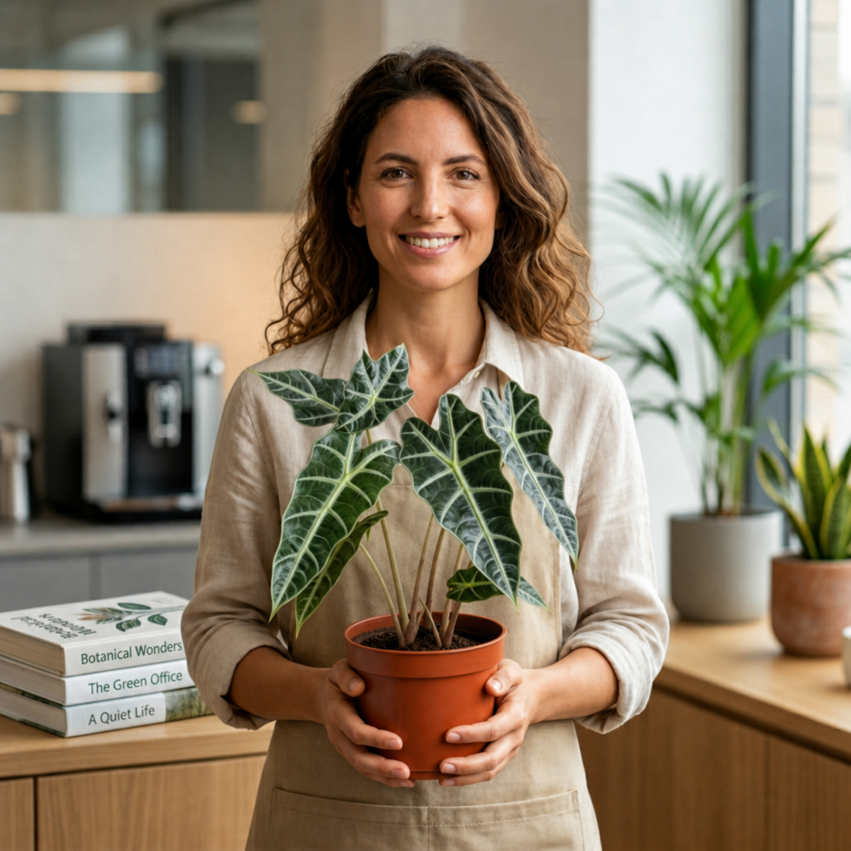 Alocasia Polly Elephant's Ear plant with deep green, white-veined leaves.