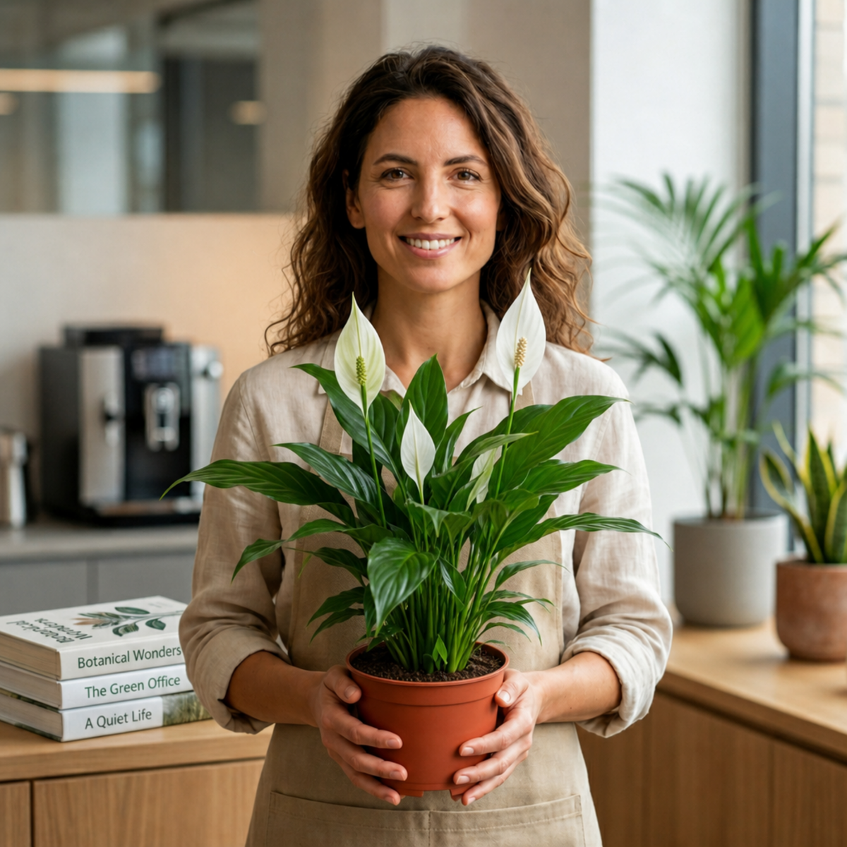 A peace lily houseplant with glossy green leaves and white flowers in a pot.