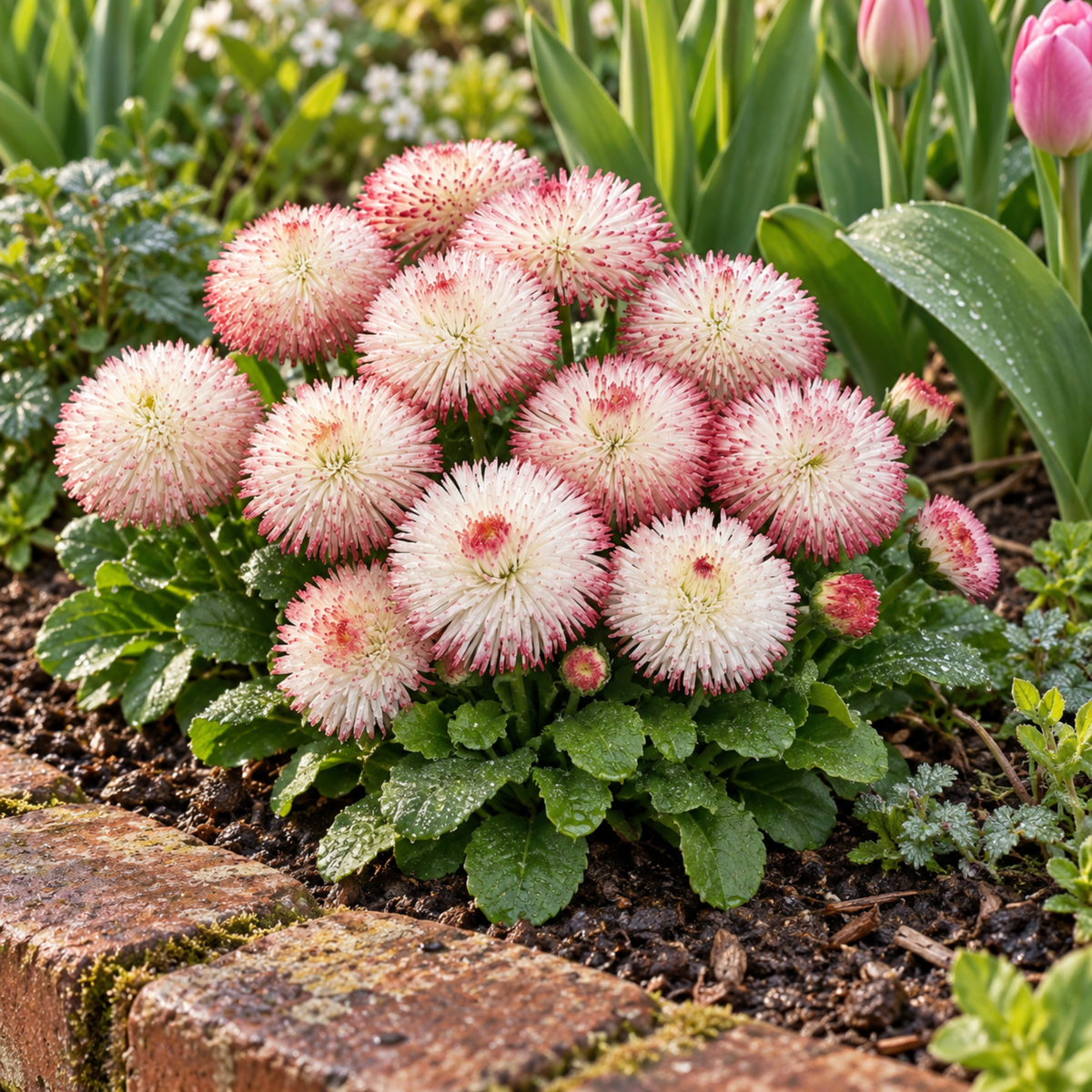 Double rose-pink English daisy flowers above dark green leaves.