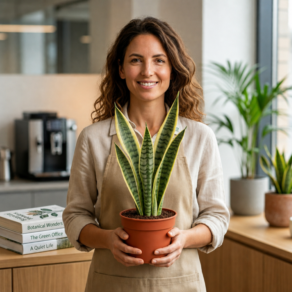 A variegated snake plant with dark green and yellow upright leaves in a pot.
