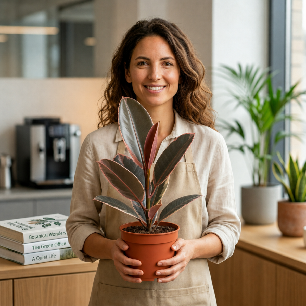 Ficus elastica 'Belize', a rubber plant with pink and green variegated leaves.