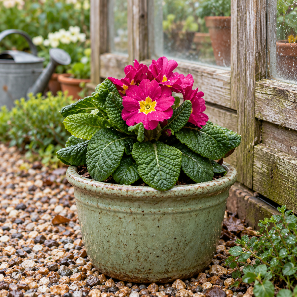 Rose-pink polyanthus flowers above deep green crinkled leaves.