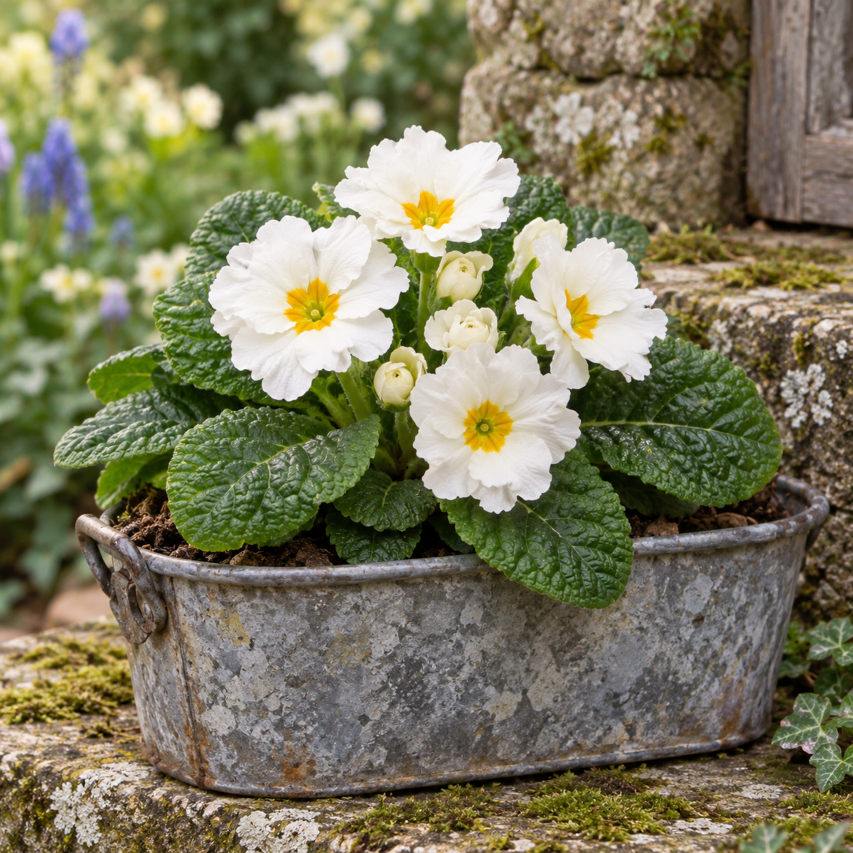 White polyanthus flowers with yellow centres above rosettes of green leaves.