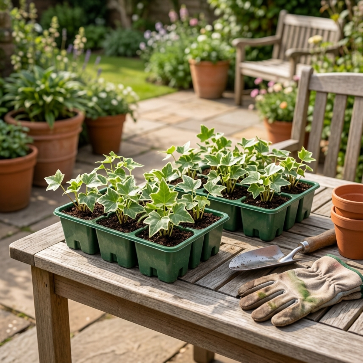 Trailing ivy leaves in green with silver and white variegation