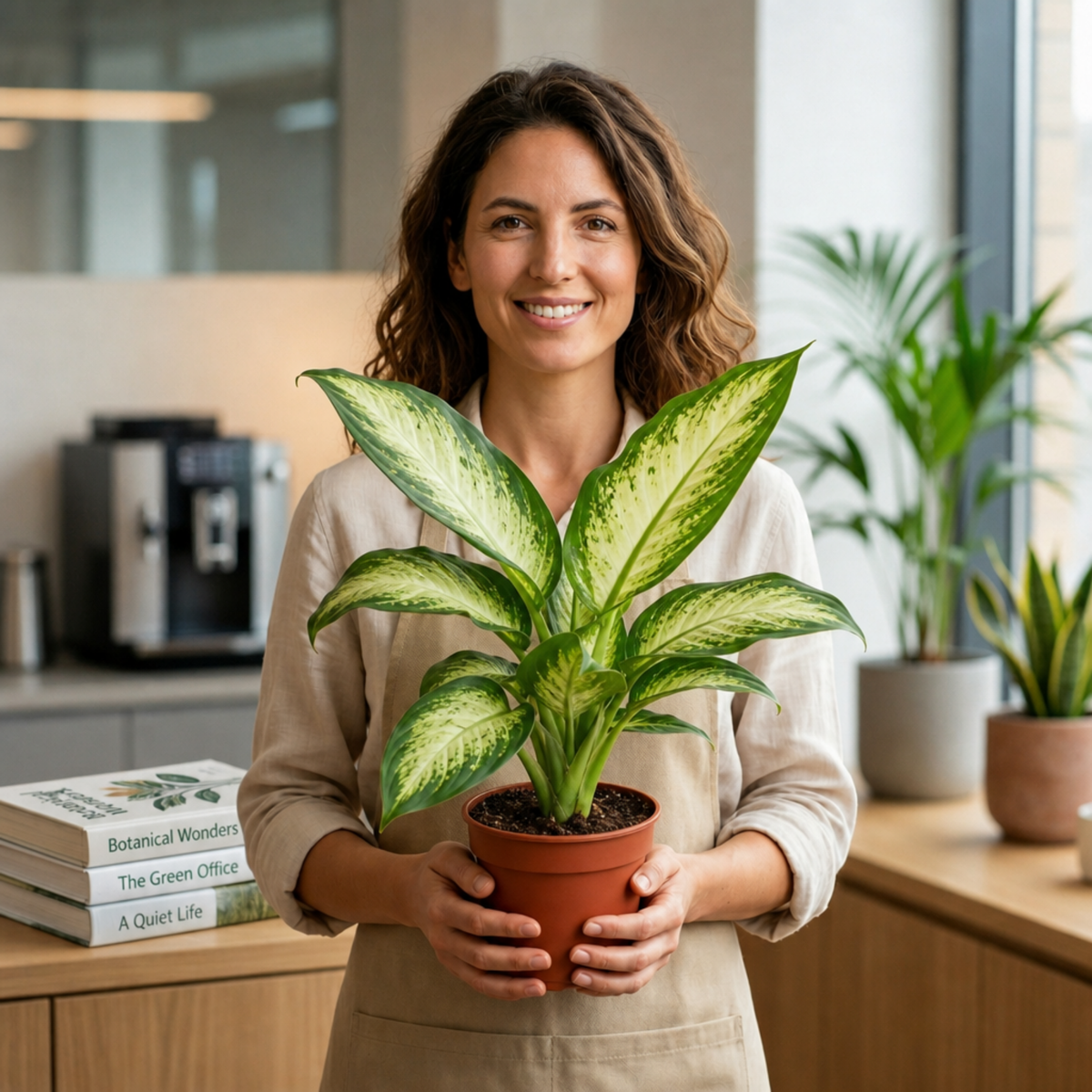 Dieffenbachia Dumb Cane houseplant with green and cream variegated leaves.