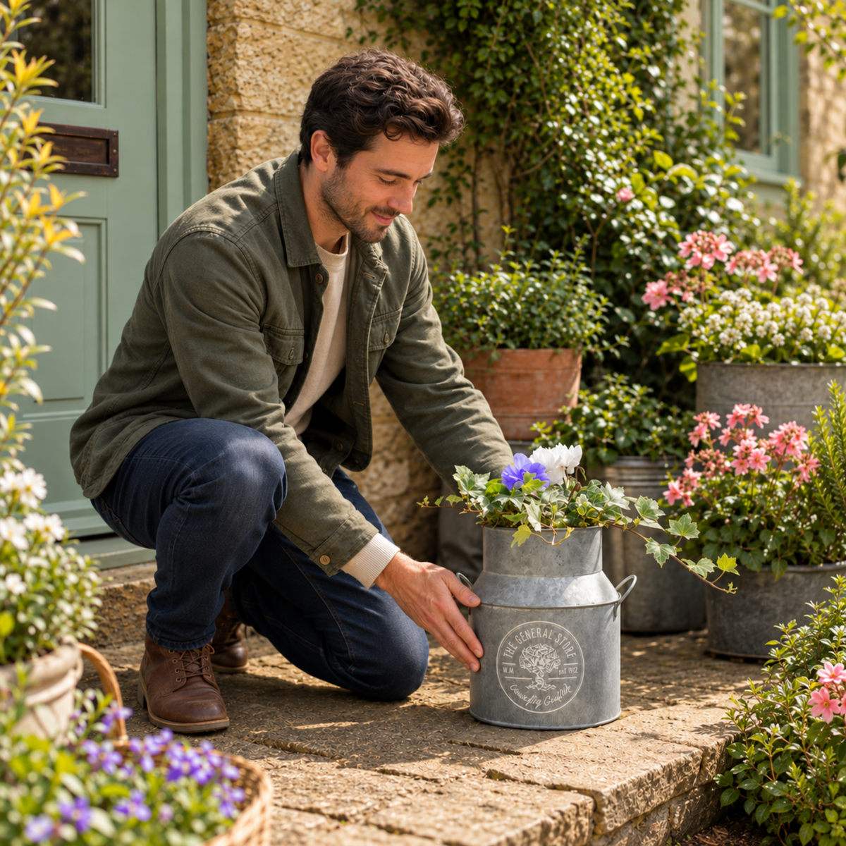 A milk churn planter filled with white cyclamen, pansies and trailing green ivy.