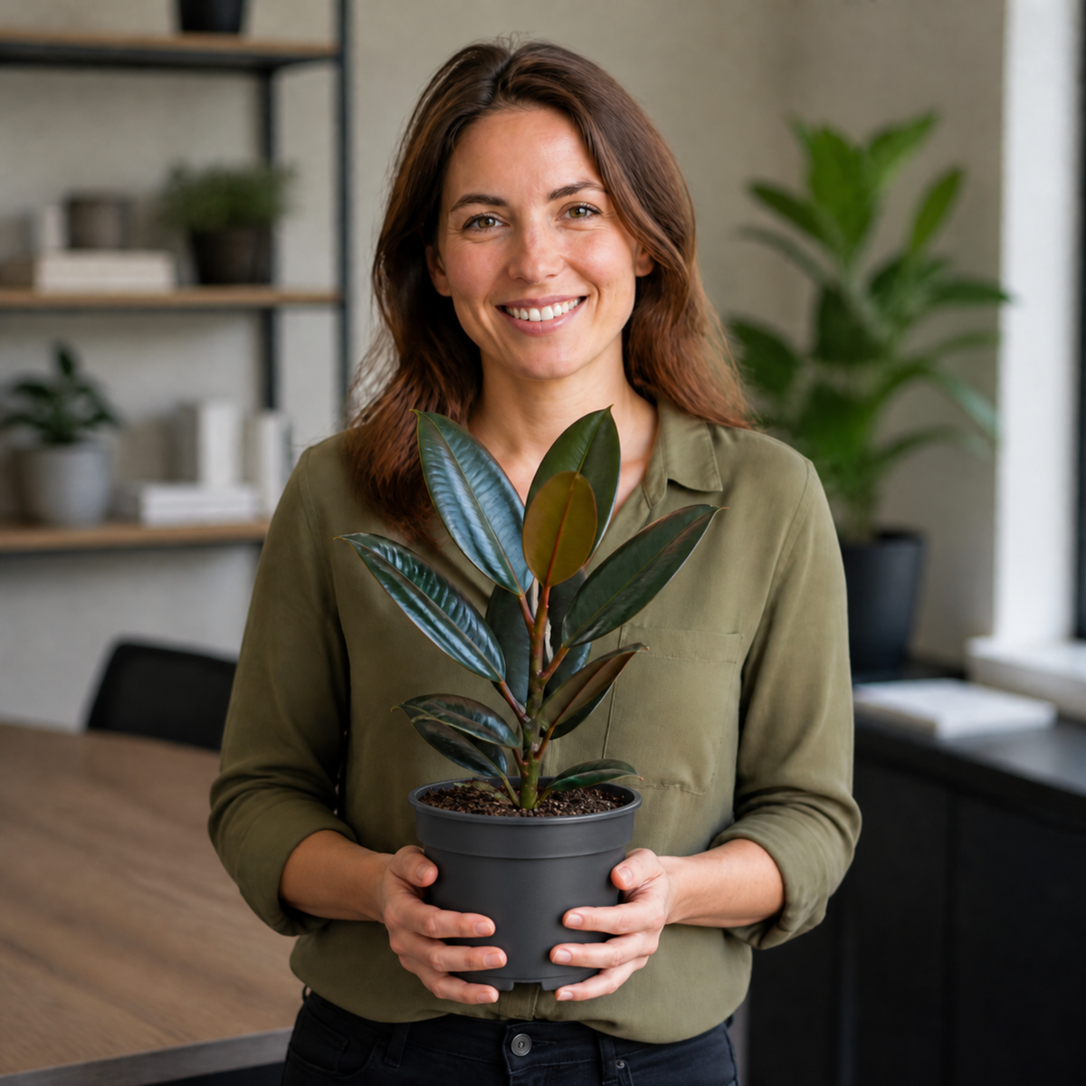 Ficus elastica 'Tineke' rubber plant with variegated cream, green and pink leaves.