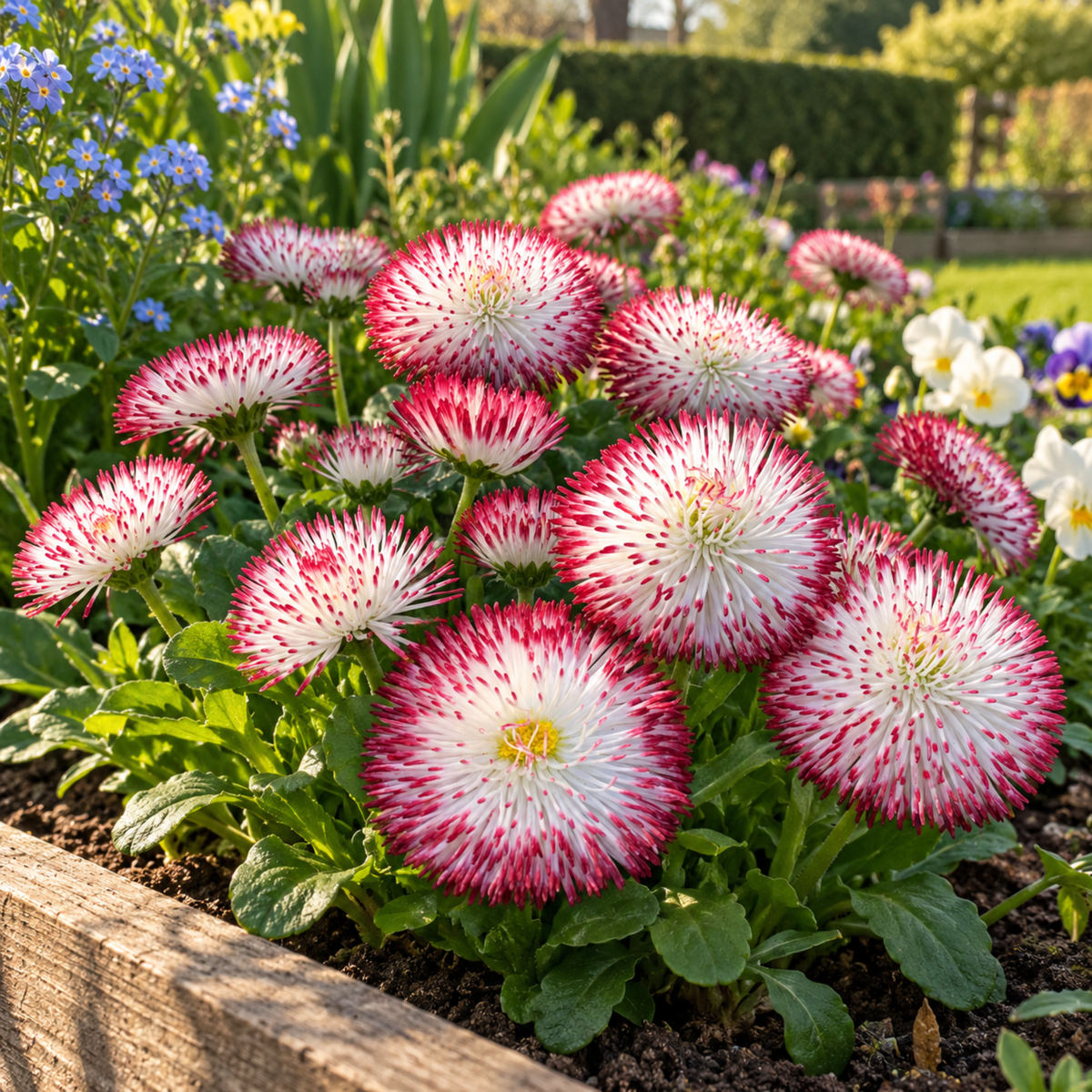 Double daisy flowers with deep red petals tipped in white