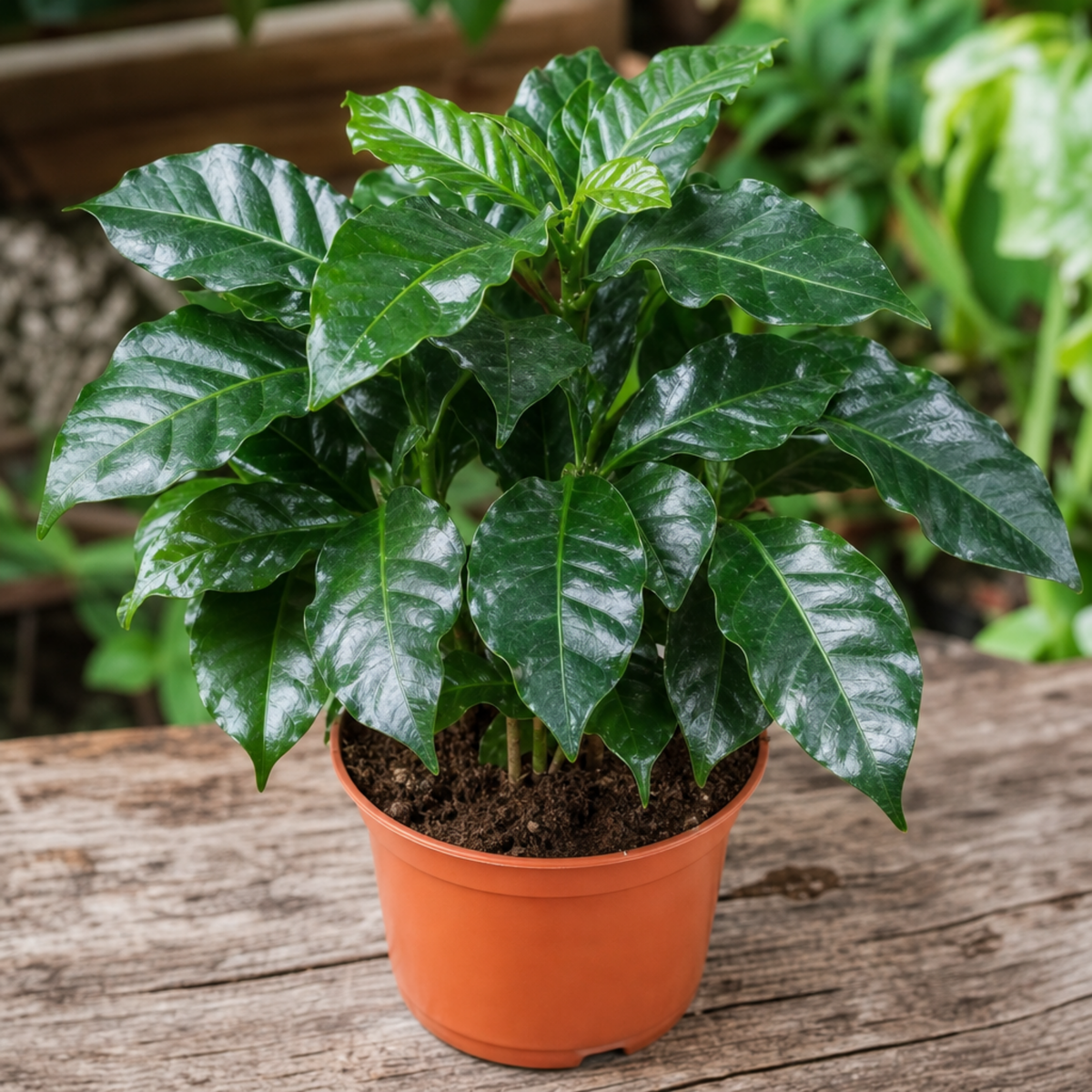 Coffea arabica coffee plant with glossy dark green leaves.