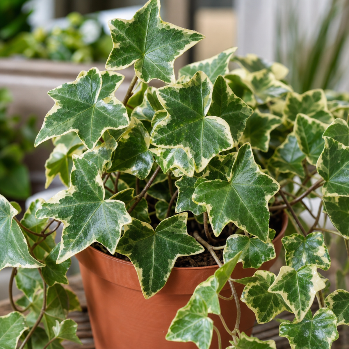 Variegated ivy trailing houseplant with green and cream leaves in a pot.