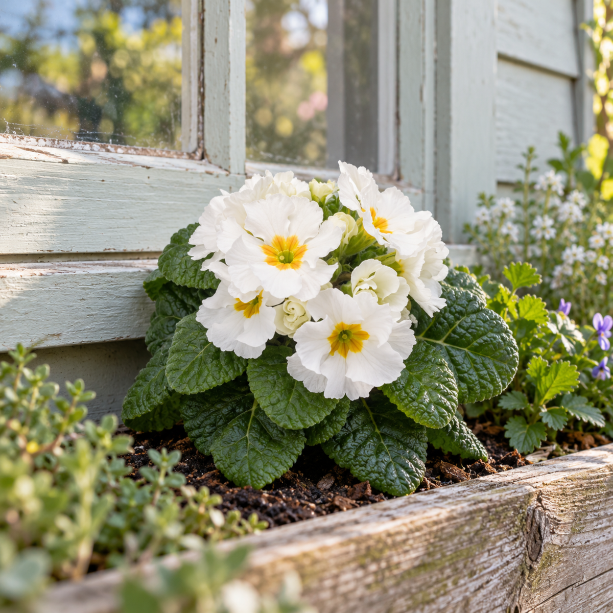White polyanthus flowers with yellow centres above rosettes of green leaves.