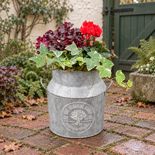 Ready-planted milk churn with ornamental foliage plants and Cyclamen flowers in autumn tones.