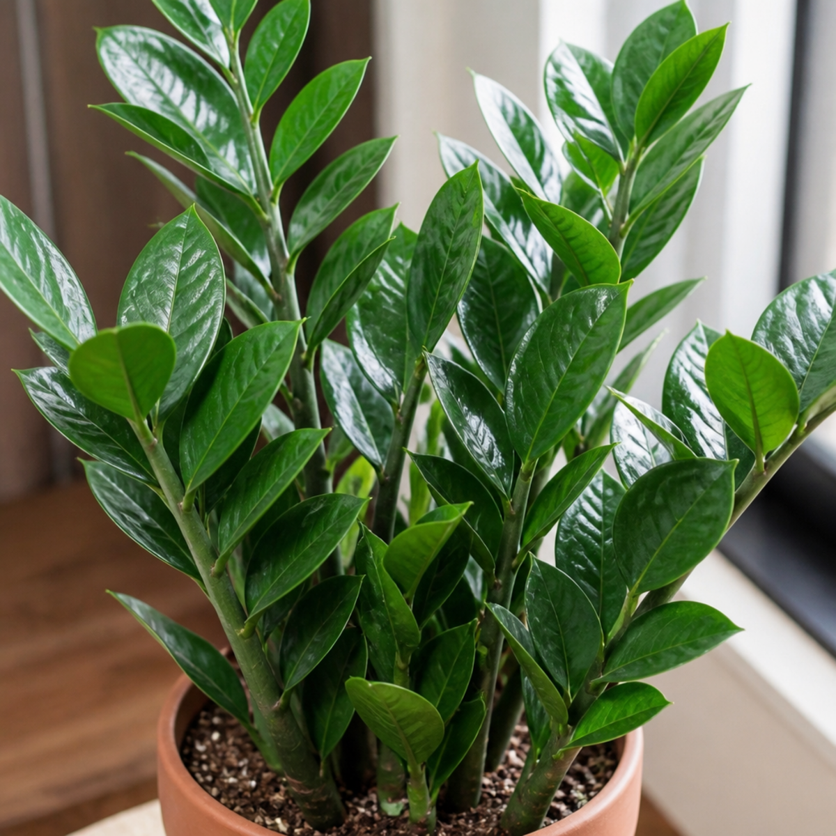 ZZ Plant with glossy dark green foliage in a pot.