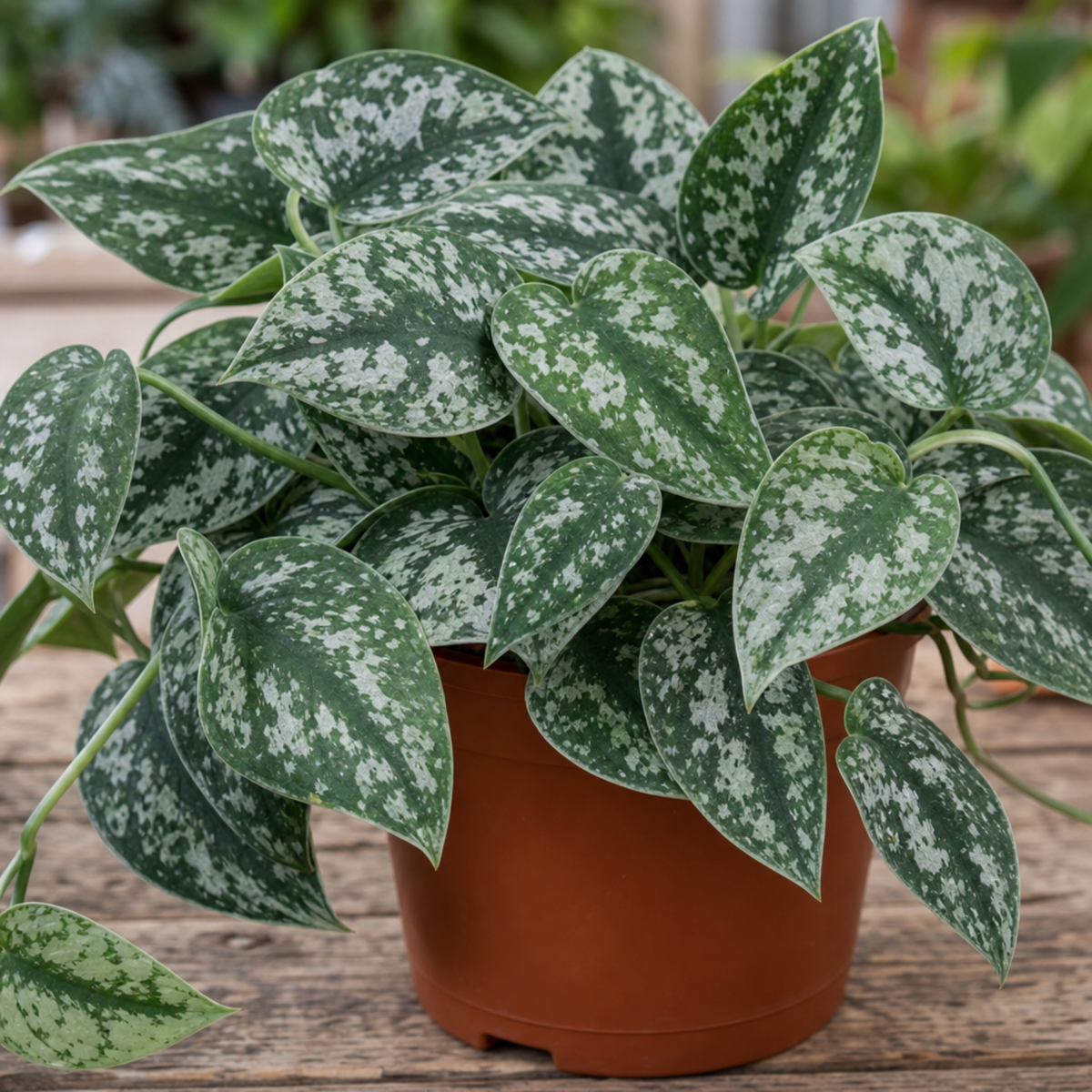 A trailing Scindapsus pictus 'Trebie' plant with dark green, silver-variegated leaves.