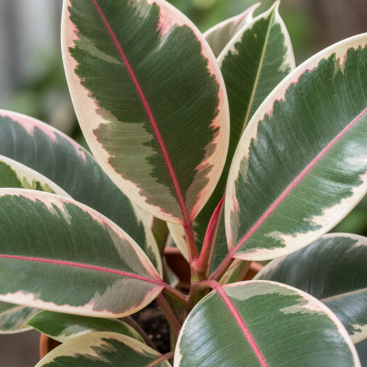 Ficus elastica 'Belize', a rubber plant with pink and green variegated leaves.