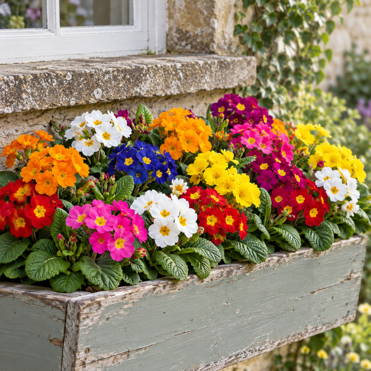 Polyanthus 'Piano Mix' bedding plants in flower in mixed jewel colours with bright centres