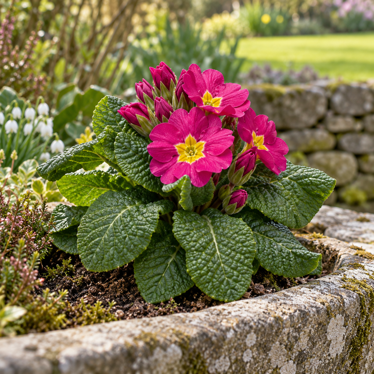 Rose-pink polyanthus flowers above deep green crinkled leaves.
