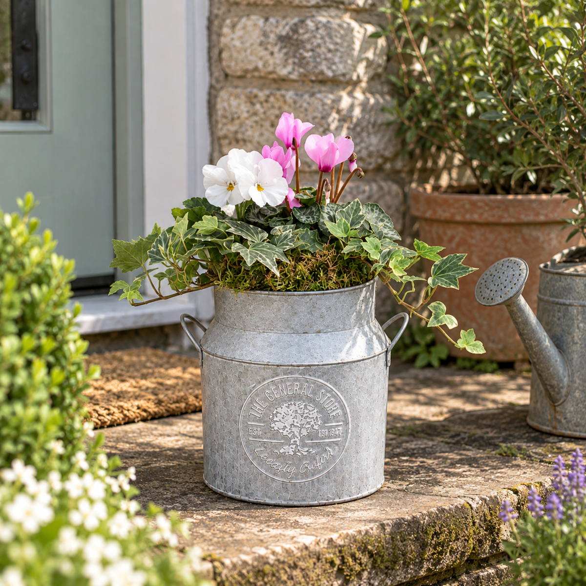 Pink cyclamen and white pansies with silver-leaved ivy planted in a milk churn.