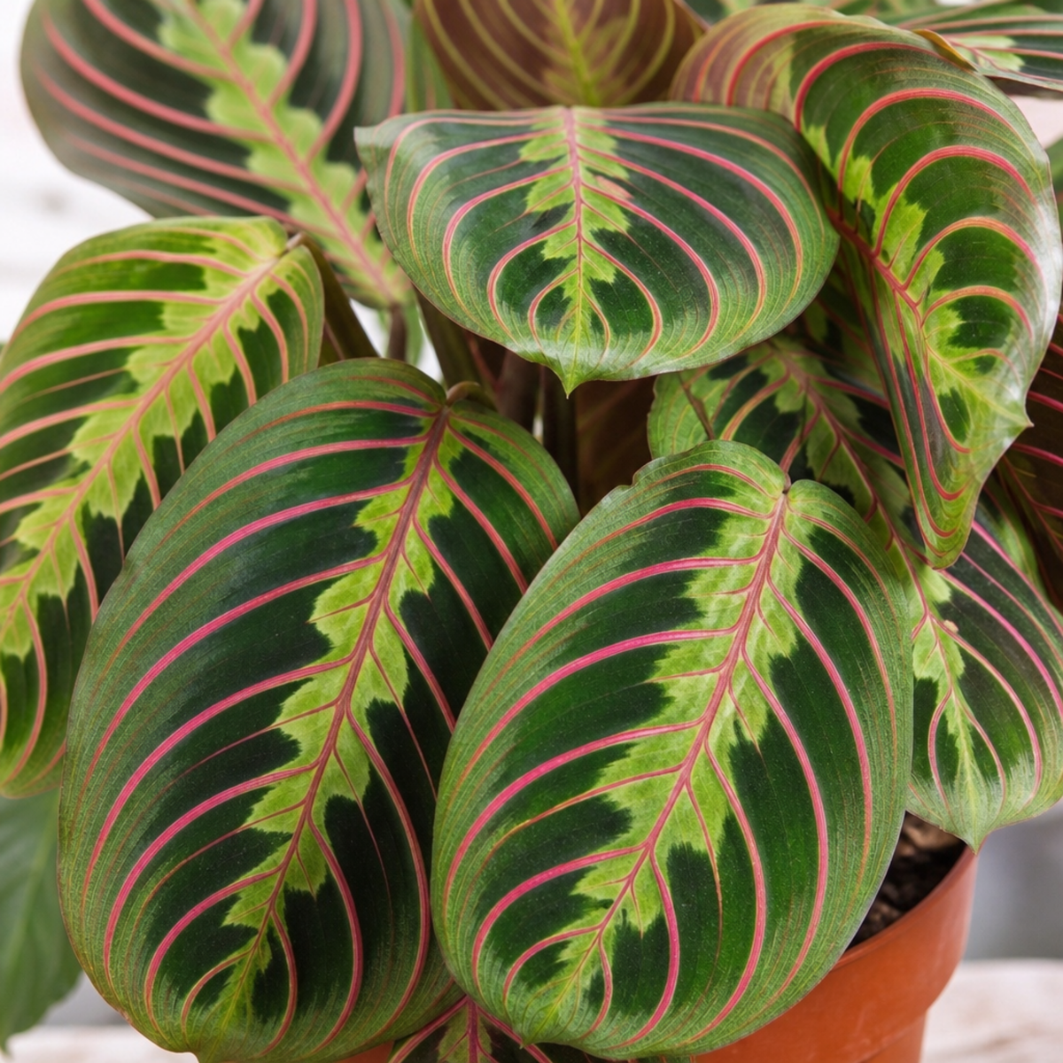 Maranta Fascinator prayer plant with deep green, red-veined leaves.