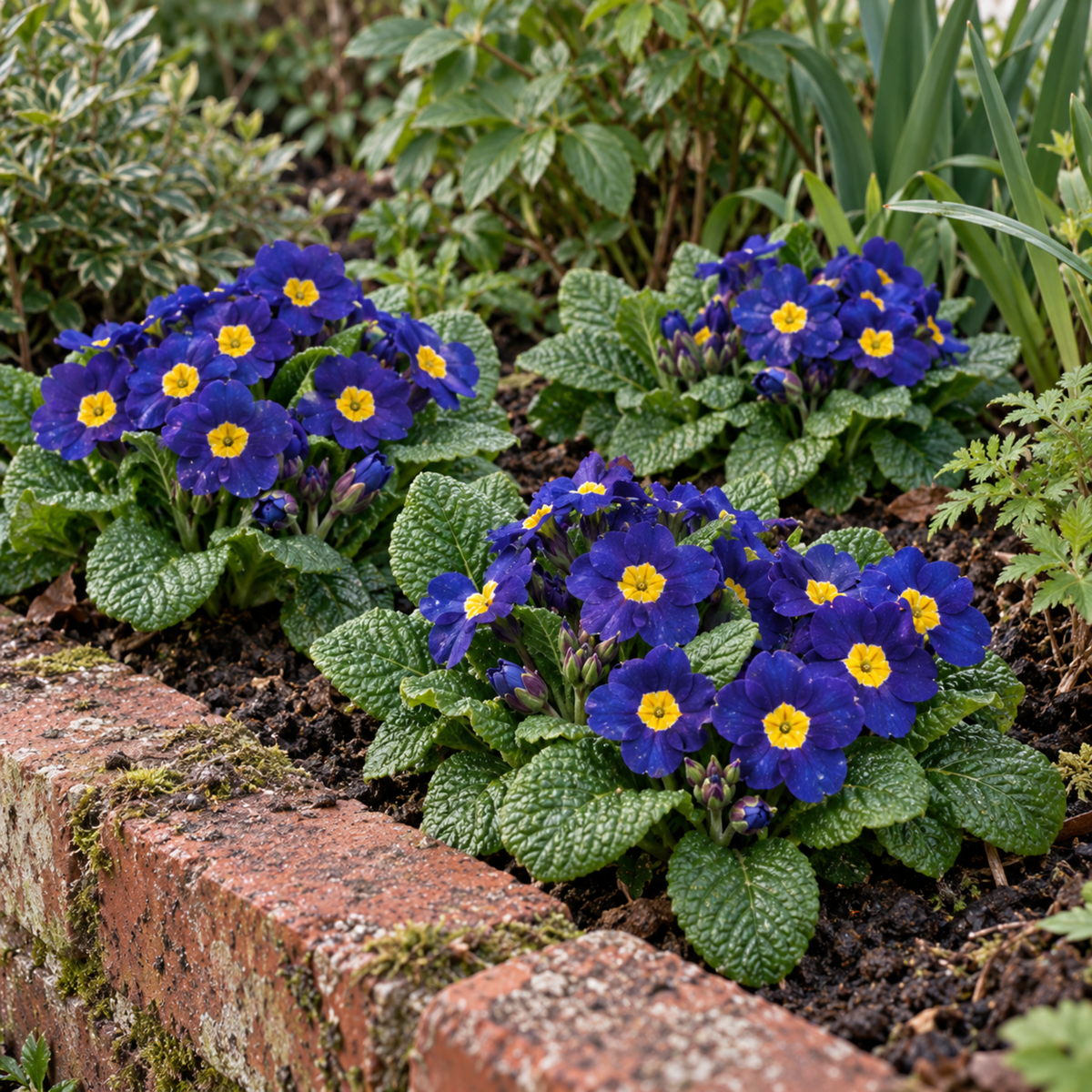 Blue polyanthus flowers with yellow centres above crinkled green leaves.