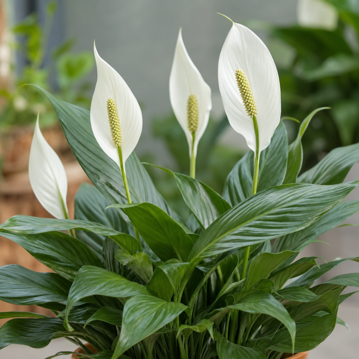 A peace lily houseplant with glossy green leaves and white flowers in a pot.