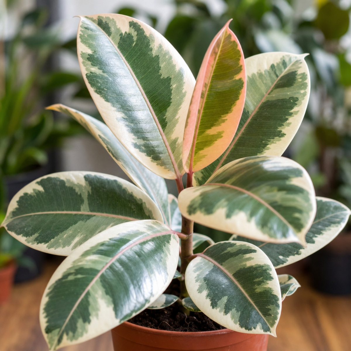 A Ficus elastica 'Tineke' variegated rubber plant with cream, green and pink leaves.