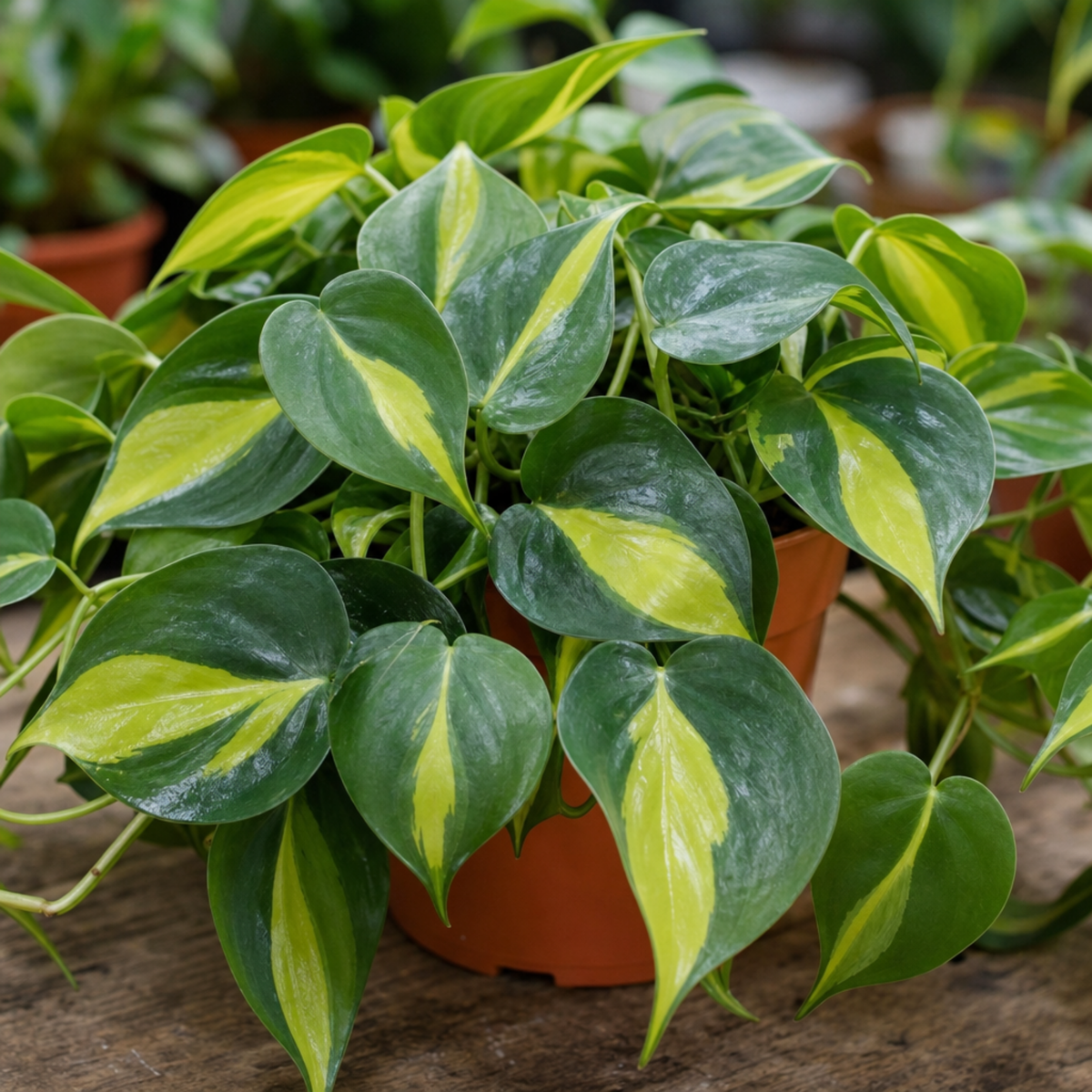 A Philodendron plant with green and lime-yellow variegated trailing leaves.
