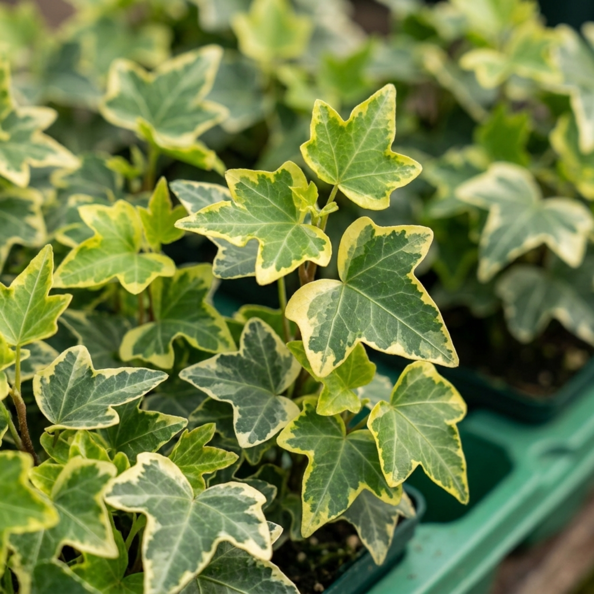 Trailing ivy plants with green leaves edged in golden yellow.