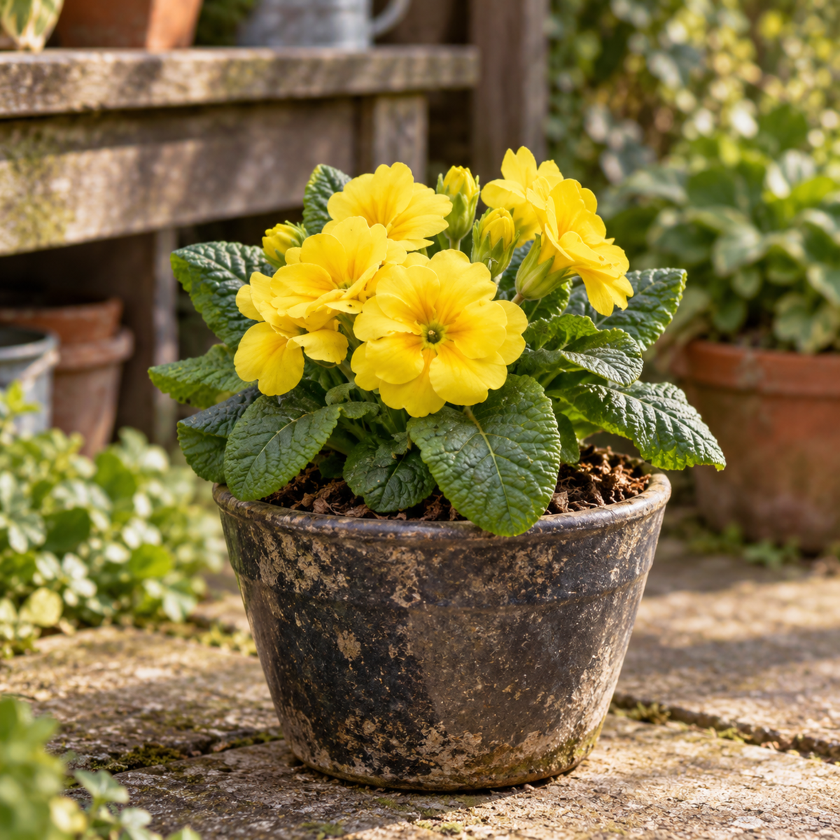 Bright yellow polyanthus flowers with green crinkled leaves.