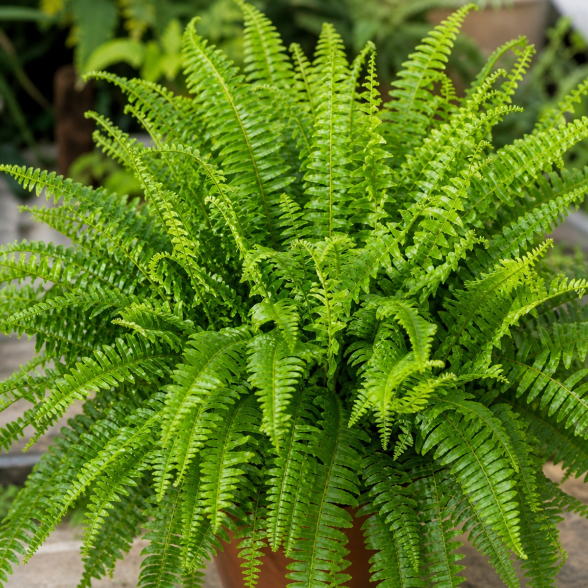 Boston Fern houseplant with lush green arching fronds.