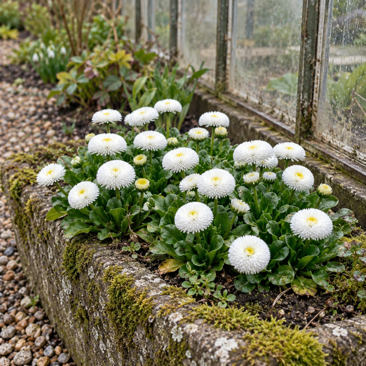 Double white Bellis Habanera daisies with pompon-style flowers