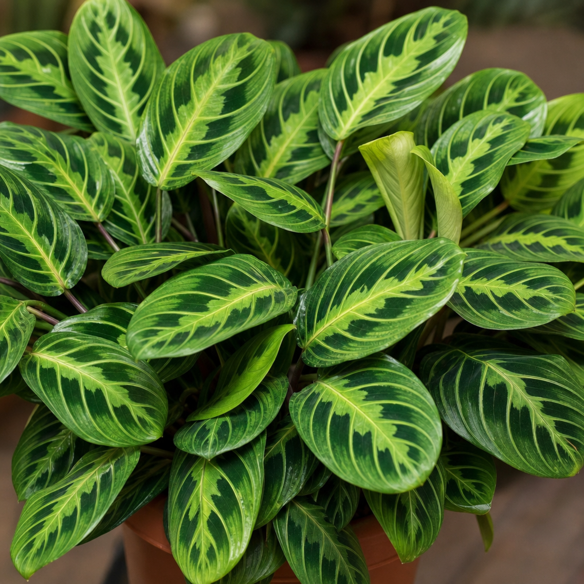 Maranta Lemon Lime prayer plant with lime green and deep green variegated leaves.