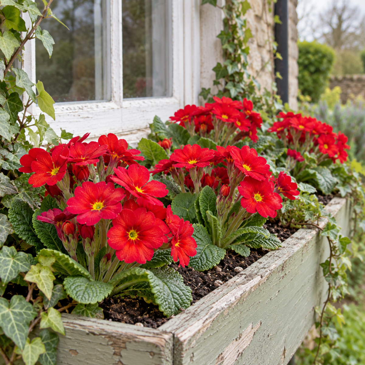 Polyanthus plants with vivid scarlet flowers and golden-yellow centres above green crinkled leaves.