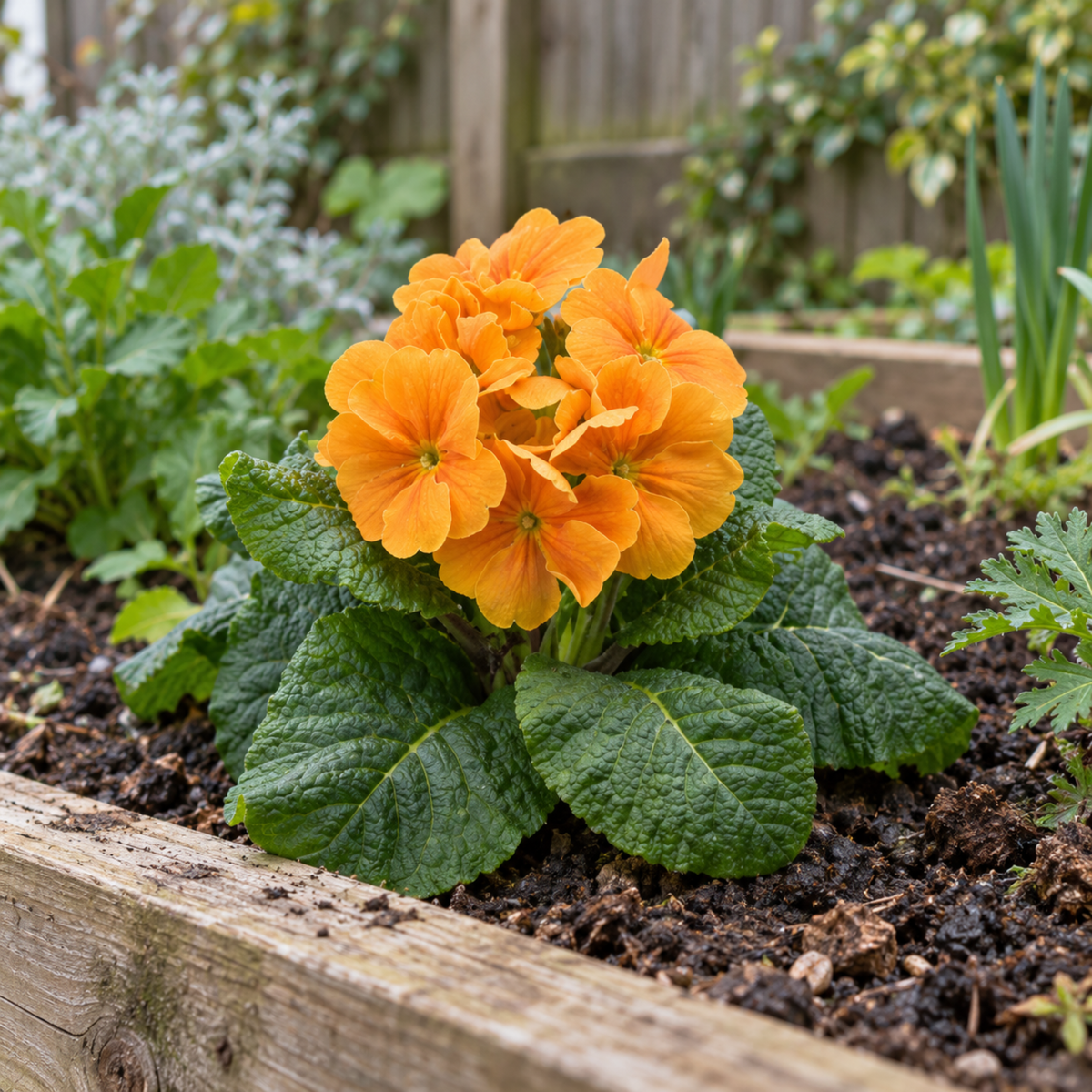 Orange polyanthus flowers with yellow centres above deep green leaves.