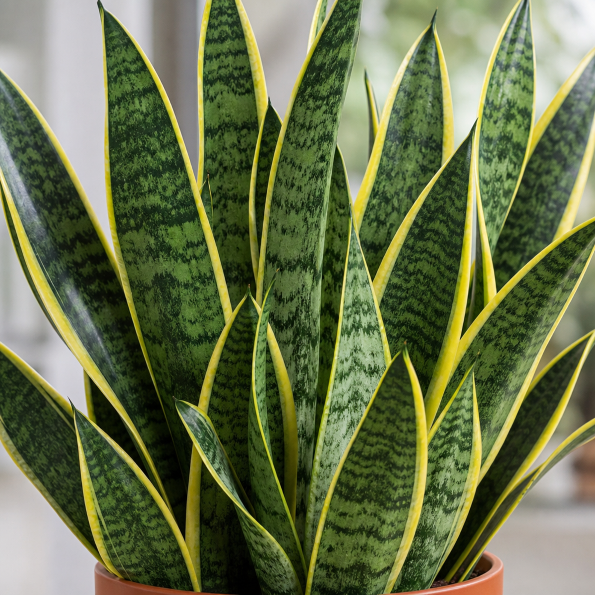 A variegated snake plant with dark green and yellow upright leaves in a pot.