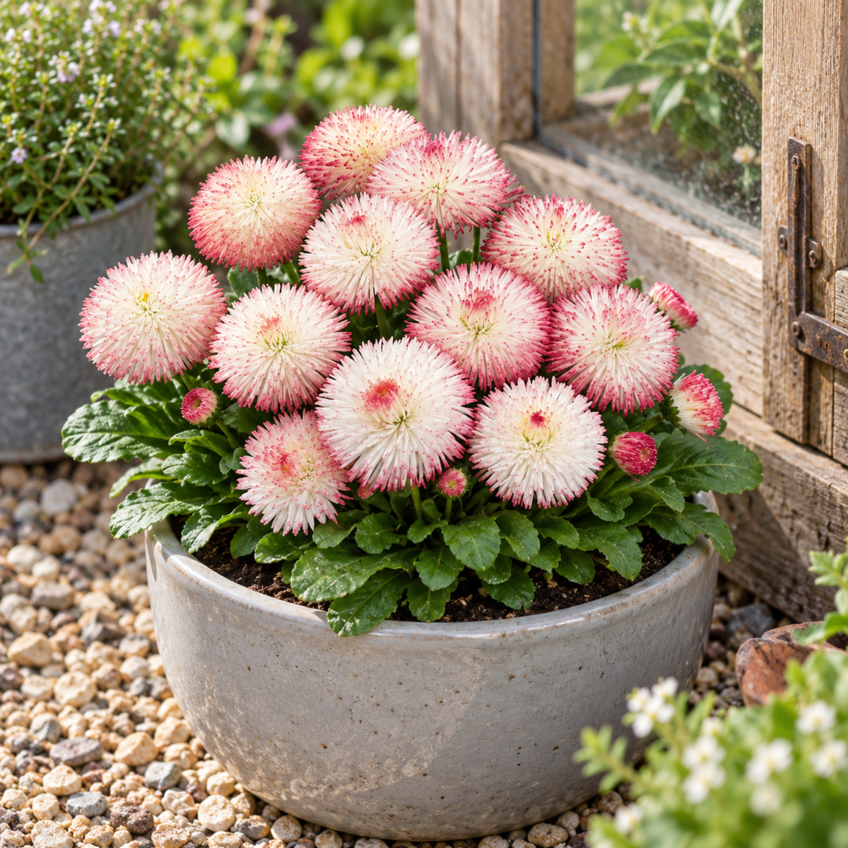 Double rose-pink English daisy flowers above dark green leaves.