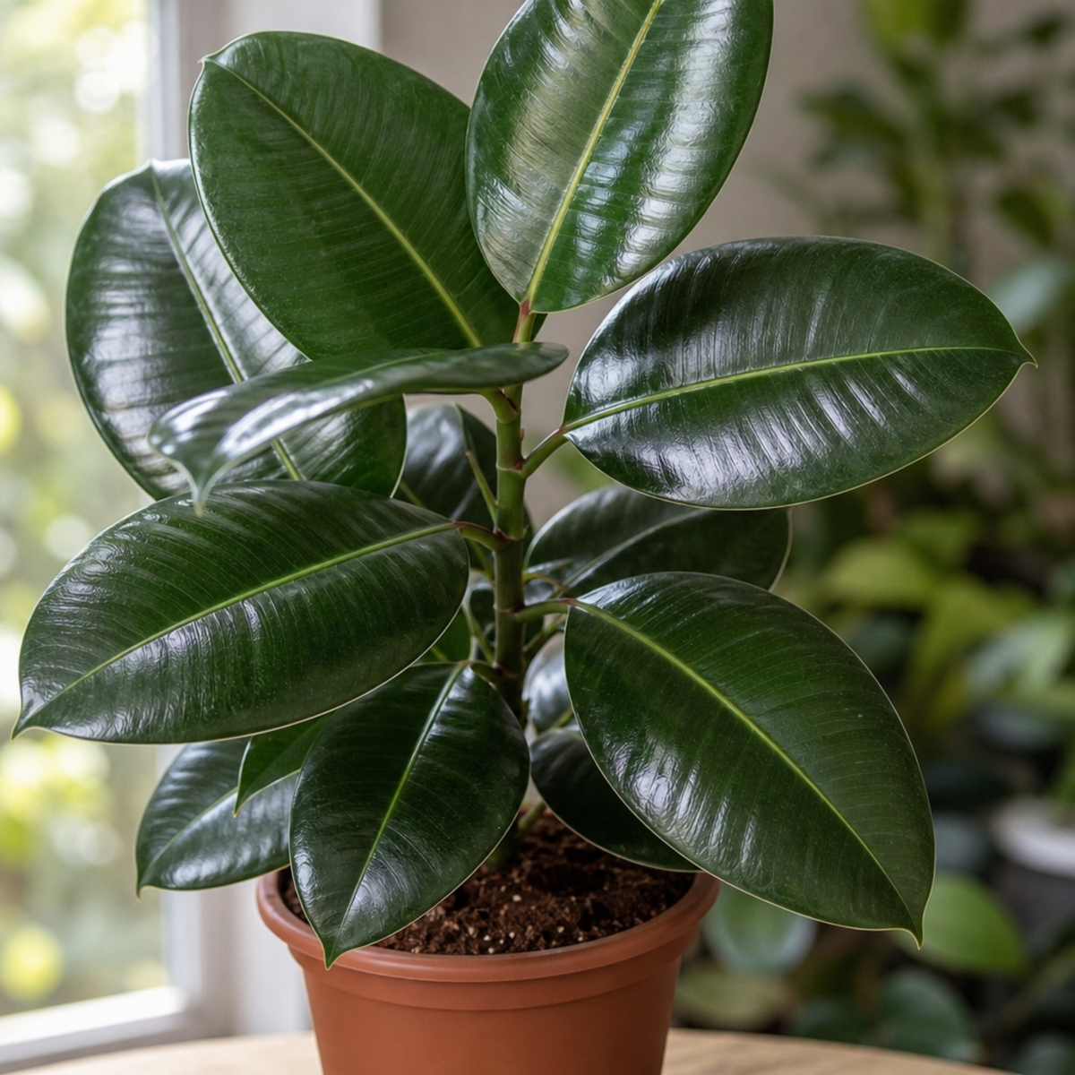 Ficus elastica 'Robusta' Rubber Plant with large glossy deep green leaves.