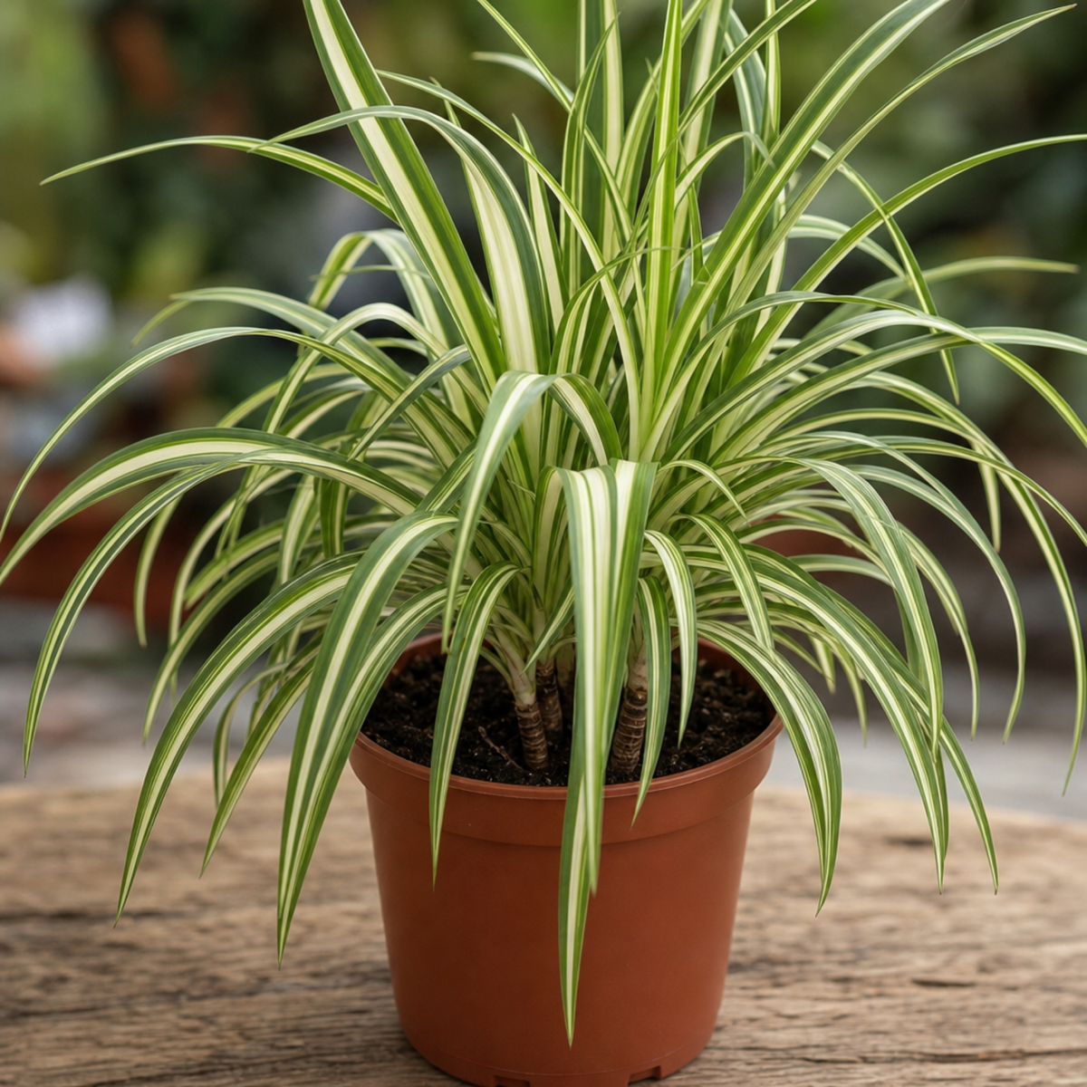 Variegated Dragon Tree houseplant with red and cream edged leaves.