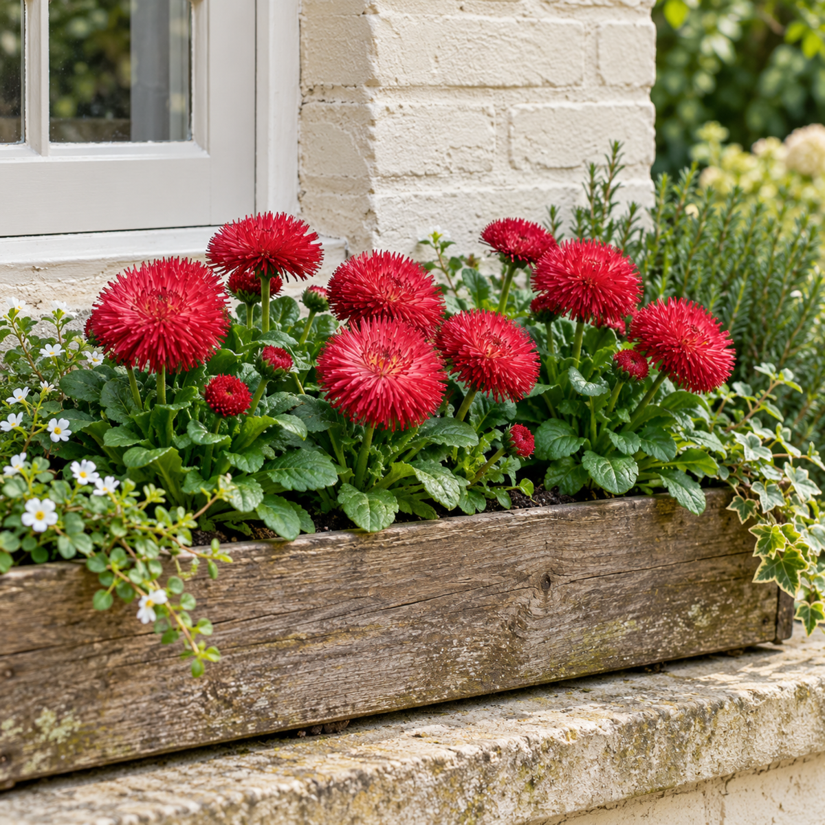 Red double pompom Bellis daisy flowers above bright green leaves.