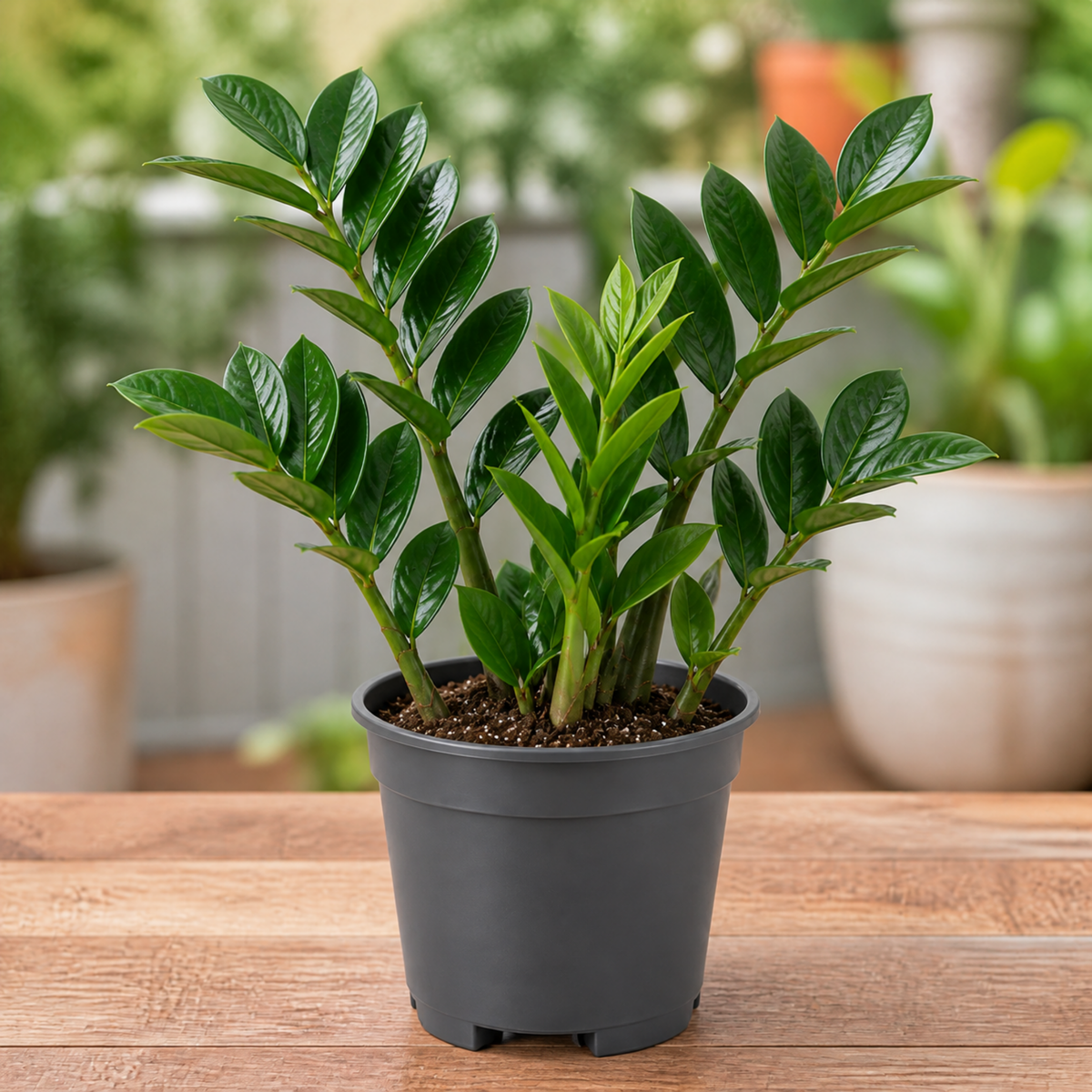 A ZZ Plant (Zamioculcas zamiifolia) with glossy dark green leaves.