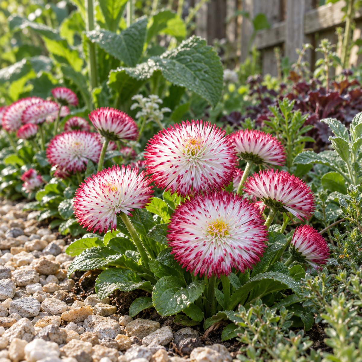 Double daisy flowers with deep red petals tipped in white