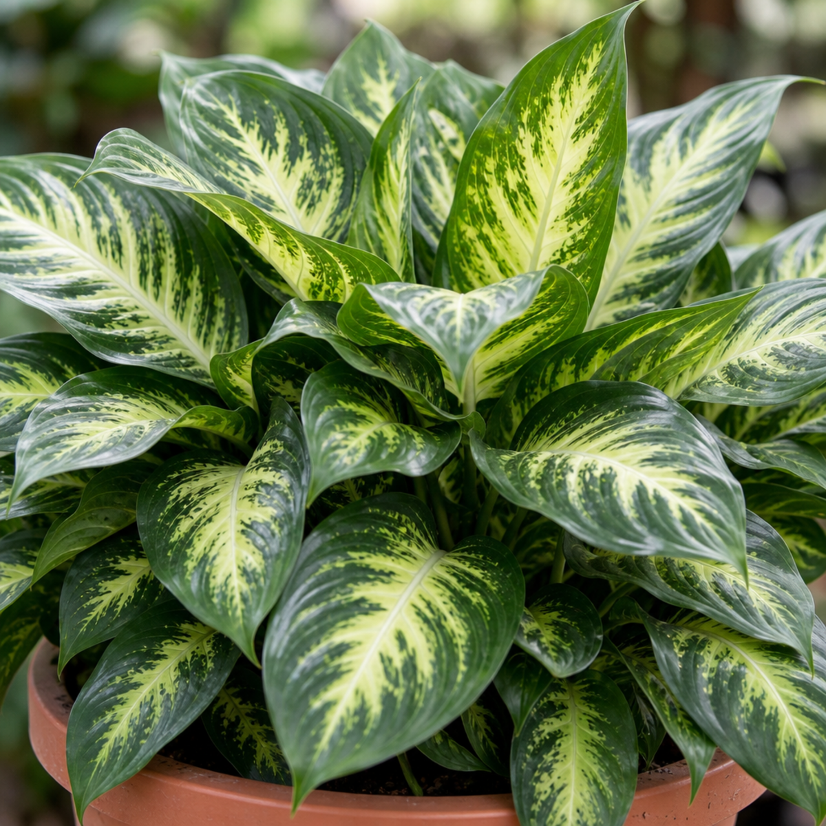Dieffenbachia Dumb Cane houseplant with green and cream variegated leaves.