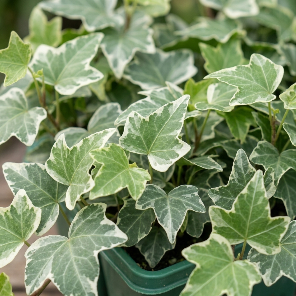 Trailing ivy leaves in green with silver and white variegation