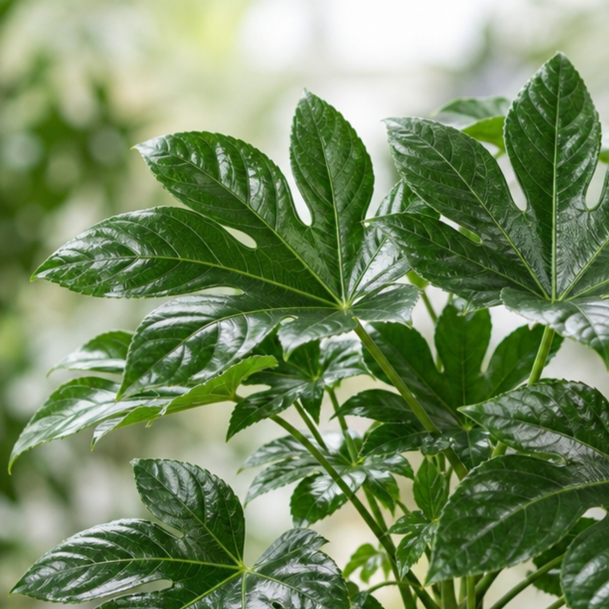Fatsia japonica, the Paper Plant, with large glossy dark green lobed leaves.