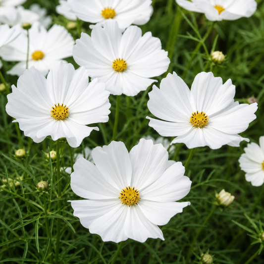 Pure white cosmos flowers with golden yellow centres above fine, ferny green foliage
