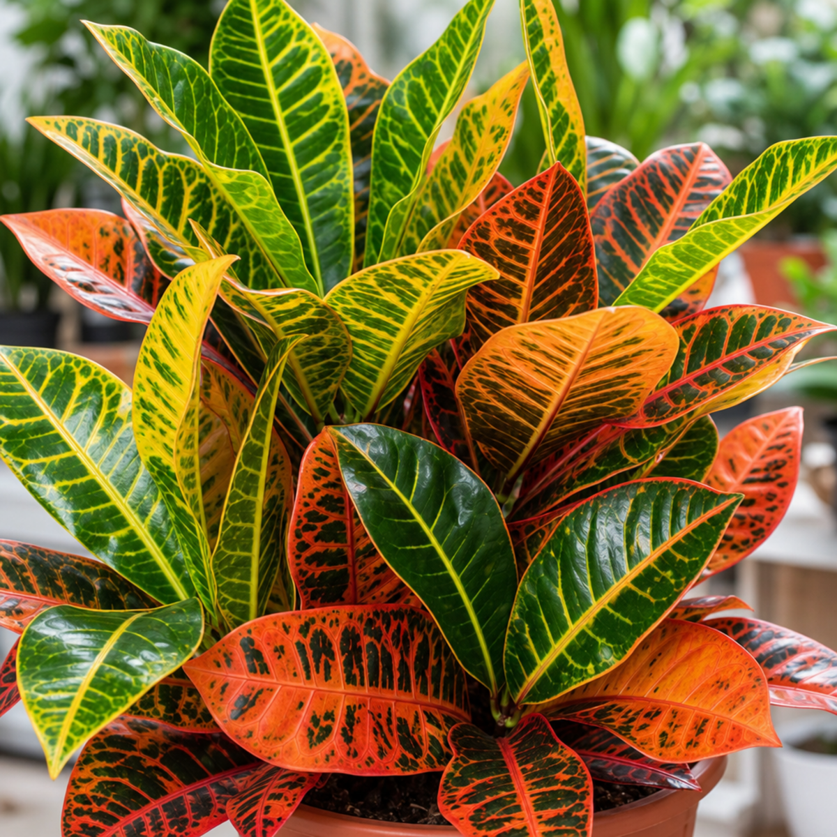 Croton 'Petra' houseplant with red, orange, yellow and green variegated leaves.
