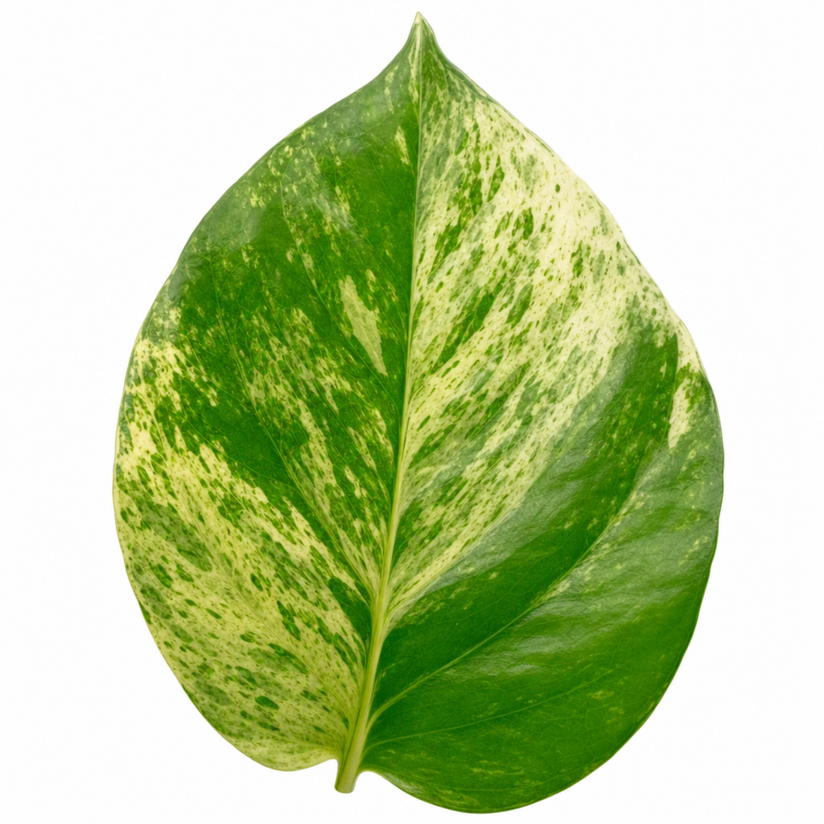 A trailing pothos plant with green and creamy-yellow variegated heart-shaped leaves.