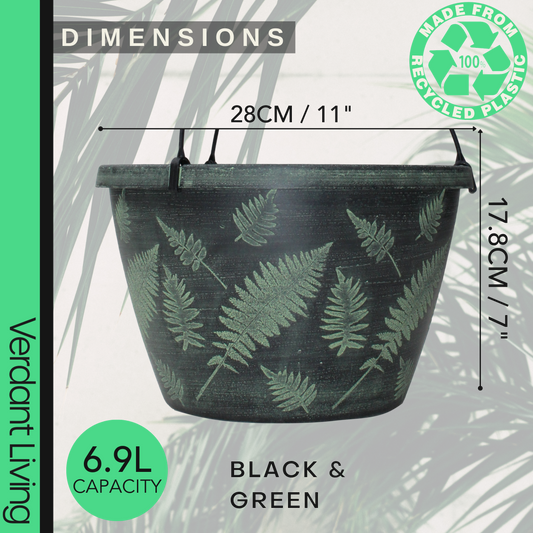 Black hanging basket with green fern leaf pattern and hanging clips, shown with size and capacity labels