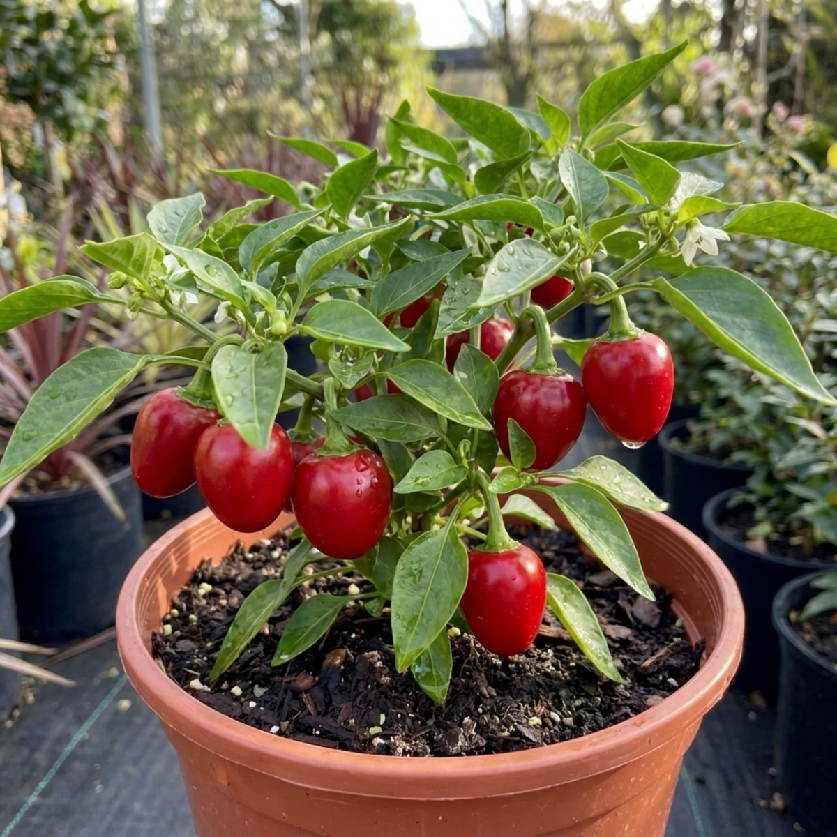 Pepper plant in a terracotta pot hung with glossy, rounded bright red fruits among green leaves