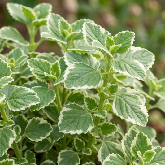 Trailing Swedish ivy foliage of scalloped grey-green leaves edged with creamy white
